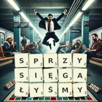 Kreatywna ilustracja do gry w Scrabble ze słowem SPRZYSIĘGAŁYŚMY ułożonym z płytek na planszy.