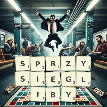 Kreatywna ilustracja do gry w Scrabble ze słowem SPRZYSIĘGLIBY ułożonym z płytek na planszy.
