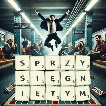 Kreatywna ilustracja do gry w Scrabble ze słowem SPRZYSIĘGNIĘTYM ułożonym z płytek na planszy.