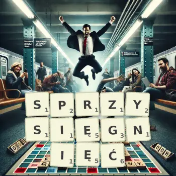 Kreatywna ilustracja do gry w Scrabble ze słowem SPRZYSIĘGNIĘĆ ułożonym z płytek na planszy.