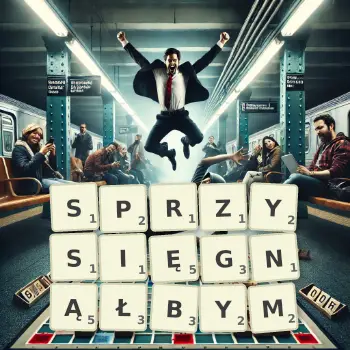 Kreatywna ilustracja do gry w Scrabble ze słowem SPRZYSIĘGNĄŁBYM ułożonym z płytek na planszy.