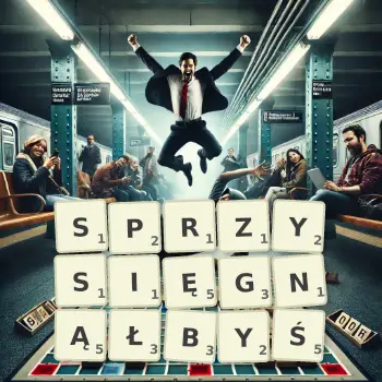 Kreatywna ilustracja do gry w Scrabble ze słowem SPRZYSIĘGNĄŁBYŚ ułożonym z płytek na planszy.