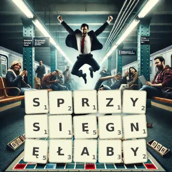 Kreatywna ilustracja do gry w Scrabble ze słowem SPRZYSIĘGNĘŁABY ułożonym z płytek na planszy.