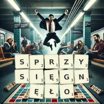 Kreatywna ilustracja do gry w Scrabble ze słowem SPRZYSIĘGNĘŁO ułożonym z płytek na planszy.