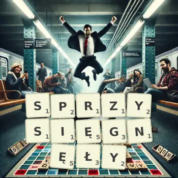 Kreatywna ilustracja do gry w Scrabble ze słowem SPRZYSIĘGNĘŁY ułożonym z płytek na planszy.