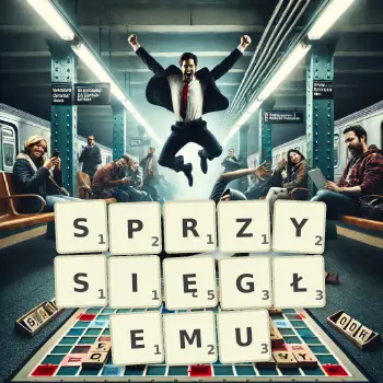 Kreatywna ilustracja do gry w Scrabble ze słowem SPRZYSIĘGŁEMU ułożonym z płytek na planszy.
