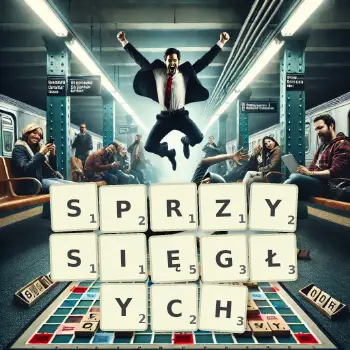 Kreatywna ilustracja do gry w Scrabble ze słowem SPRZYSIĘGŁYCH ułożonym z płytek na planszy.