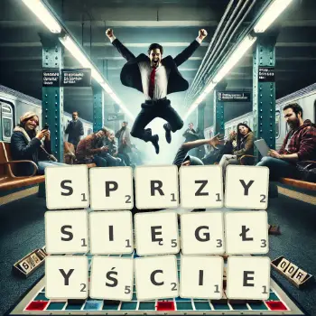 Kreatywna ilustracja do gry w Scrabble ze słowem SPRZYSIĘGŁYŚCIE ułożonym z płytek na planszy.
