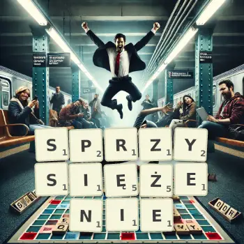Kreatywna ilustracja do gry w Scrabble ze słowem SPRZYSIĘŻENIE ułożonym z płytek na planszy.