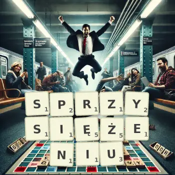 Kreatywna ilustracja do gry w Scrabble ze słowem SPRZYSIĘŻENIU ułożonym z płytek na planszy.