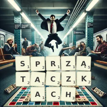 Kreatywna ilustracja do gry w Scrabble ze słowem SPRZĄTACZKACH ułożonym z płytek na planszy.