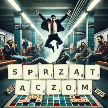 Kreatywna ilustracja do gry w Scrabble ze słowem SPRZĄTACZOM ułożonym z płytek na planszy.
