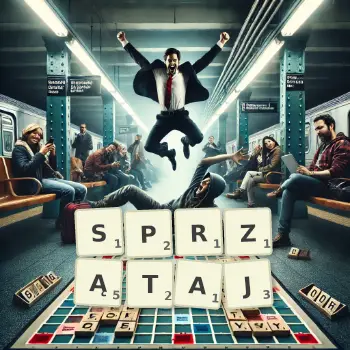 Kreatywna ilustracja do gry w Scrabble ze słowem SPRZĄTAJ ułożonym z płytek na planszy.