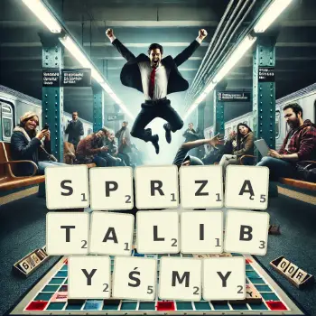 Kreatywna ilustracja do gry w Scrabble ze słowem SPRZĄTALIBYŚMY ułożonym z płytek na planszy.