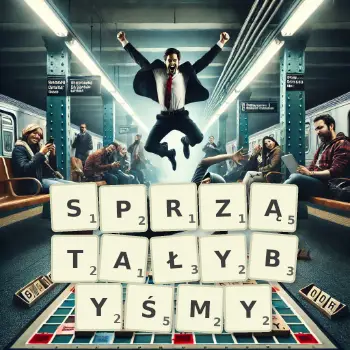 Kreatywna ilustracja do gry w Scrabble ze słowem SPRZĄTAŁYBYŚMY ułożonym z płytek na planszy.