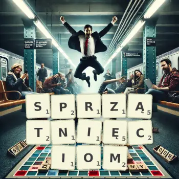 Kreatywna ilustracja do gry w Scrabble ze słowem SPRZĄTNIĘCIOM ułożonym z płytek na planszy.