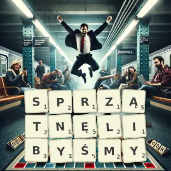 Kreatywna ilustracja do gry w Scrabble ze słowem SPRZĄTNĘLIBYŚMY ułożonym z płytek na planszy.