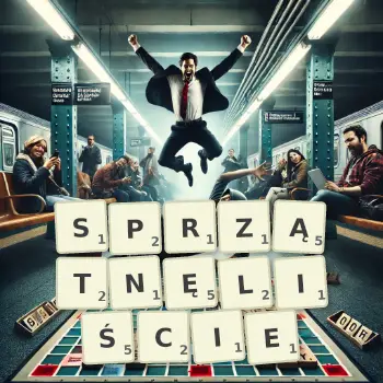 Kreatywna ilustracja do gry w Scrabble ze słowem SPRZĄTNĘLIŚCIE ułożonym z płytek na planszy.