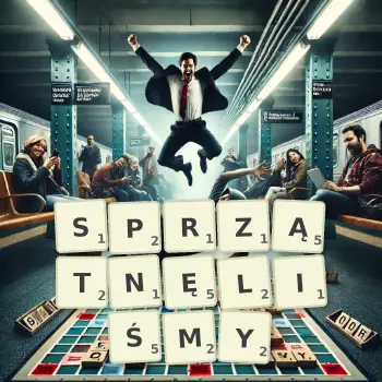 Kreatywna ilustracja do gry w Scrabble ze słowem SPRZĄTNĘLIŚMY ułożonym z płytek na planszy.