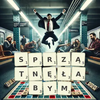 Kreatywna ilustracja do gry w Scrabble ze słowem SPRZĄTNĘŁABYM ułożonym z płytek na planszy.