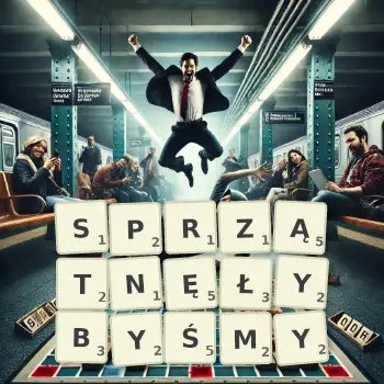 Kreatywna ilustracja do gry w Scrabble ze słowem SPRZĄTNĘŁYBYŚMY ułożonym z płytek na planszy.