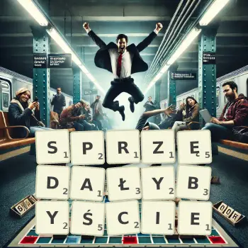 Kreatywna ilustracja do gry w Scrabble ze słowem SPRZĘDAŁYBYŚCIE ułożonym z płytek na planszy.