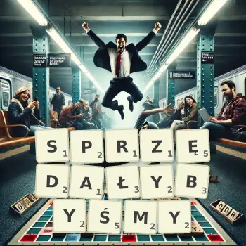 Kreatywna ilustracja do gry w Scrabble ze słowem SPRZĘDAŁYBYŚMY ułożonym z płytek na planszy.