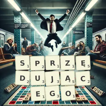 Kreatywna ilustracja do gry w Scrabble ze słowem SPRZĘDUJĄCEGO ułożonym z płytek na planszy.