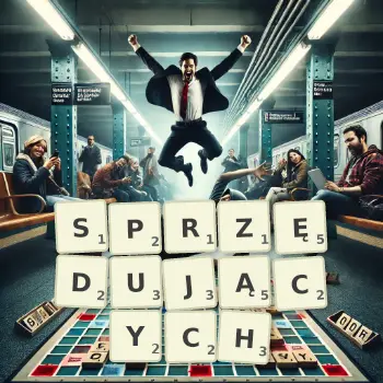 Kreatywna ilustracja do gry w Scrabble ze słowem SPRZĘDUJĄCYCH ułożonym z płytek na planszy.