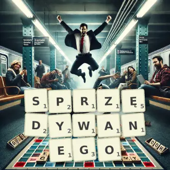 Kreatywna ilustracja do gry w Scrabble ze słowem SPRZĘDYWANEGO ułożonym z płytek na planszy.