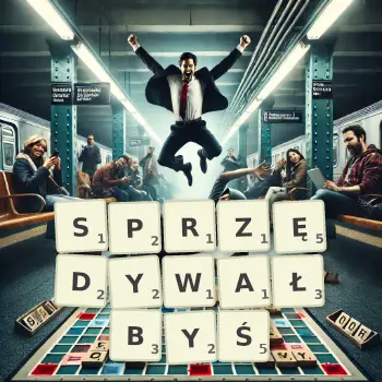 Kreatywna ilustracja do gry w Scrabble ze słowem SPRZĘDYWAŁBYŚ ułożonym z płytek na planszy.