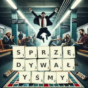 Kreatywna ilustracja do gry w Scrabble ze słowem SPRZĘDYWAŁYŚMY ułożonym z płytek na planszy.