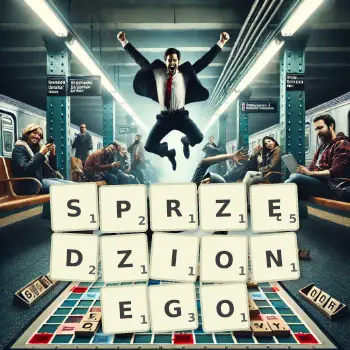 Kreatywna ilustracja do gry w Scrabble ze słowem SPRZĘDZIONEGO ułożonym z płytek na planszy.