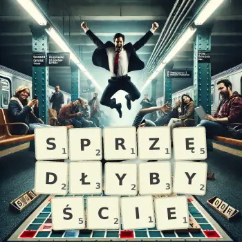 Kreatywna ilustracja do gry w Scrabble ze słowem SPRZĘDŁYBYŚCIE ułożonym z płytek na planszy.