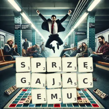 Kreatywna ilustracja do gry w Scrabble ze słowem SPRZĘGAJĄCEMU ułożonym z płytek na planszy.