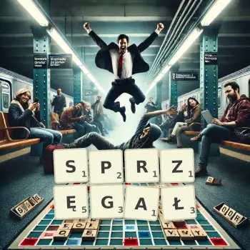Kreatywna ilustracja do gry w Scrabble ze słowem SPRZĘGAŁ ułożonym z płytek na planszy.