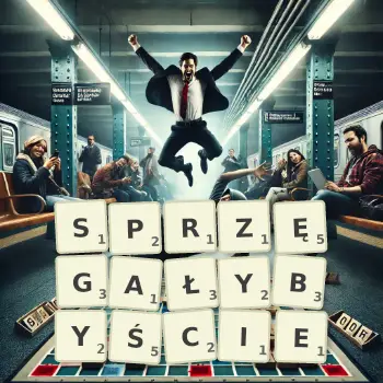 Kreatywna ilustracja do gry w Scrabble ze słowem SPRZĘGAŁYBYŚCIE ułożonym z płytek na planszy.