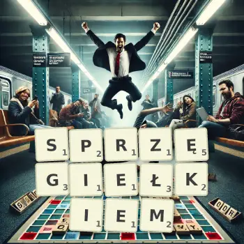 Kreatywna ilustracja do gry w Scrabble ze słowem SPRZĘGIEŁKIEM ułożonym z płytek na planszy.