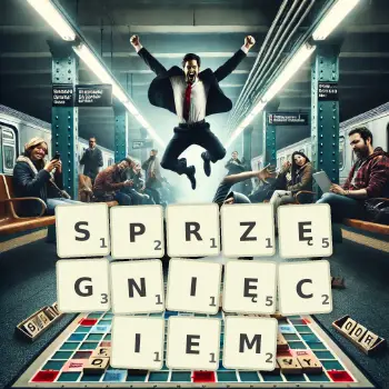 Kreatywna ilustracja do gry w Scrabble ze słowem SPRZĘGNIĘCIEM ułożonym z płytek na planszy.