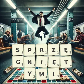 Kreatywna ilustracja do gry w Scrabble ze słowem SPRZĘGNIĘTYMI ułożonym z płytek na planszy.