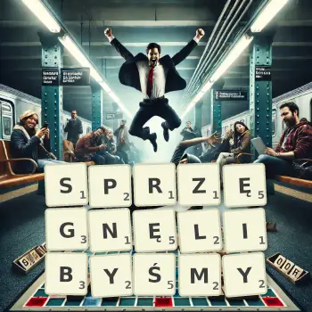 Kreatywna ilustracja do gry w Scrabble ze słowem SPRZĘGNĘLIBYŚMY ułożonym z płytek na planszy.