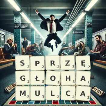 Kreatywna ilustracja do gry w Scrabble ze słowem SPRZĘGŁOHAMULCA ułożonym z płytek na planszy.