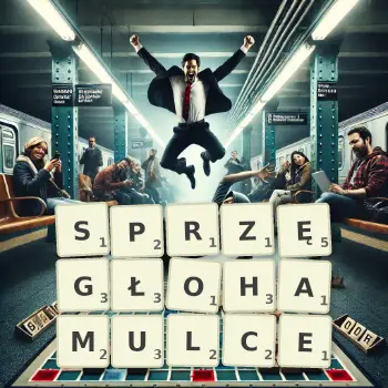 Kreatywna ilustracja do gry w Scrabble ze słowem SPRZĘGŁOHAMULCE ułożonym z płytek na planszy.