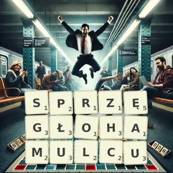 Kreatywna ilustracja do gry w Scrabble ze słowem SPRZĘGŁOHAMULCU ułożonym z płytek na planszy.