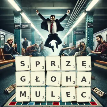Kreatywna ilustracja do gry w Scrabble ze słowem SPRZĘGŁOHAMULEC ułożonym z płytek na planszy.