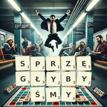 Kreatywna ilustracja do gry w Scrabble ze słowem SPRZĘGŁYBYŚMY ułożonym z płytek na planszy.