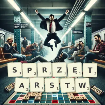 Kreatywna ilustracja do gry w Scrabble ze słowem SPRZĘTARSTW ułożonym z płytek na planszy.