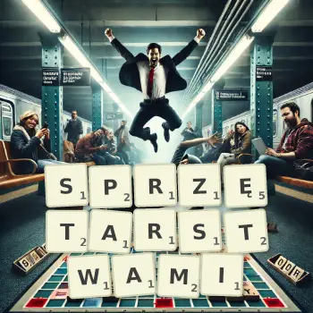 Kreatywna ilustracja do gry w Scrabble ze słowem SPRZĘTARSTWAMI ułożonym z płytek na planszy.