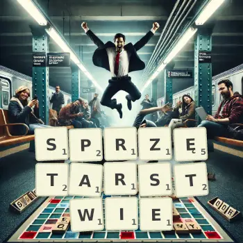 Kreatywna ilustracja do gry w Scrabble ze słowem SPRZĘTARSTWIE ułożonym z płytek na planszy.