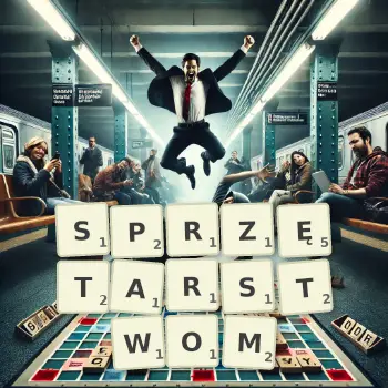Kreatywna ilustracja do gry w Scrabble ze słowem SPRZĘTARSTWOM ułożonym z płytek na planszy.